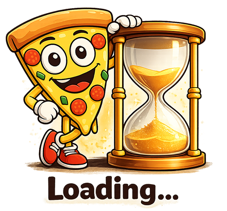 Ladescreen der Firma Kaleam - ein Pizzamännchen das sich an einer Sanduhr anlehnt